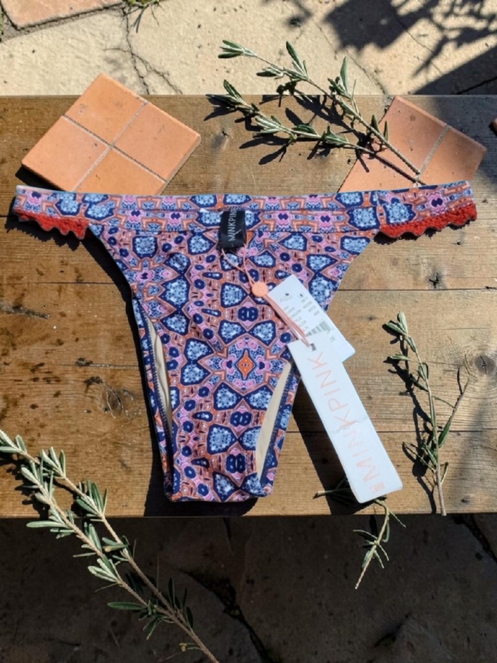 MINKPINK - Large Pink, Navy & Orange Paisley Bikini Bottoms with Lace Trim